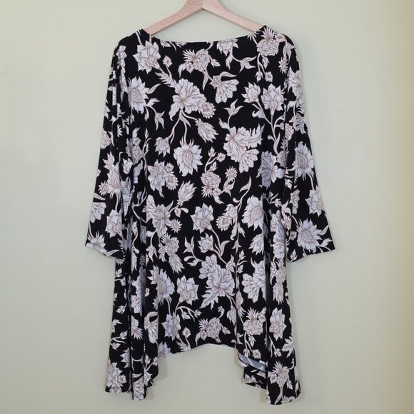 JM Collection Tunic Women 2X Black Beige Floral 3/4 Sleeve Shark Bite Whimsigoth - Picture 2 of 15